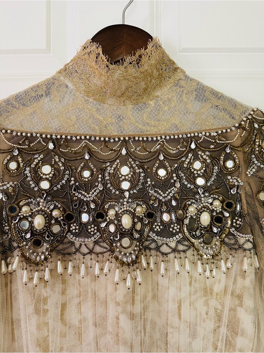 Vintage Marchesa Embellished Pearl & Beaded Lace Gown in Champagne